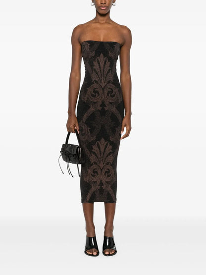 Floral-Jacquard Metallic Midi Dress
