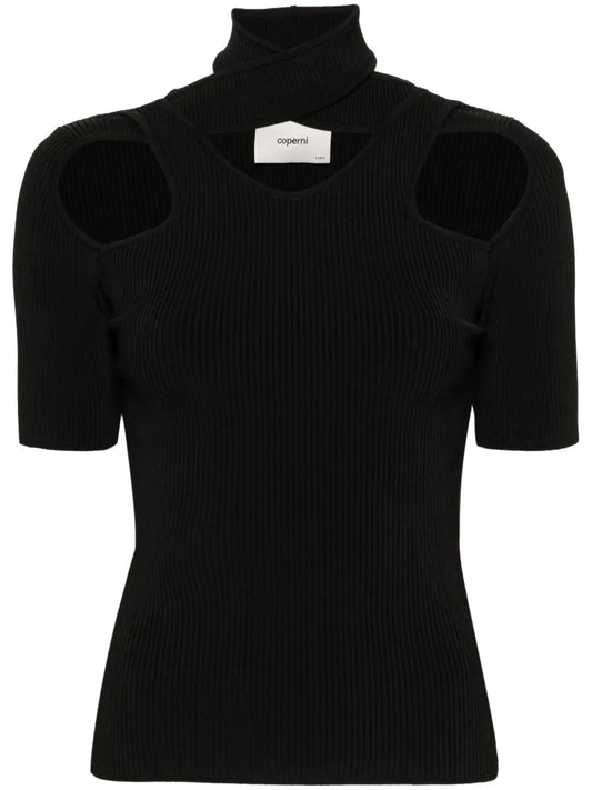 Cut-Out Ribbed-Knit T-Shirt