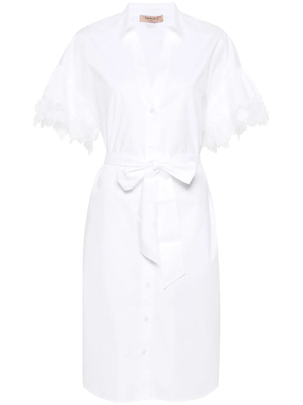 Lace-Trim Belted Shirt Dress