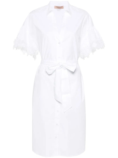 Lace-Trim Belted Shirt Dress