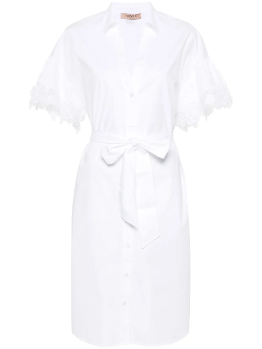 Lace-Trim Belted Shirt Dress