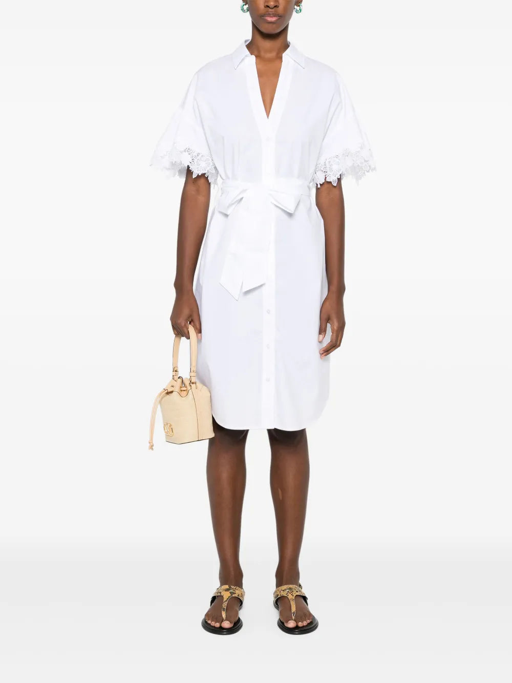 Lace-Trim Belted Shirt Dress