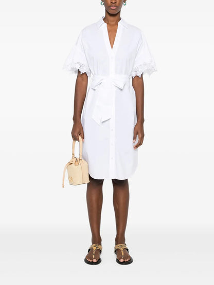 Lace-Trim Belted Shirt Dress