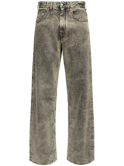Crinkled-Finish Wide-Leg Jeans