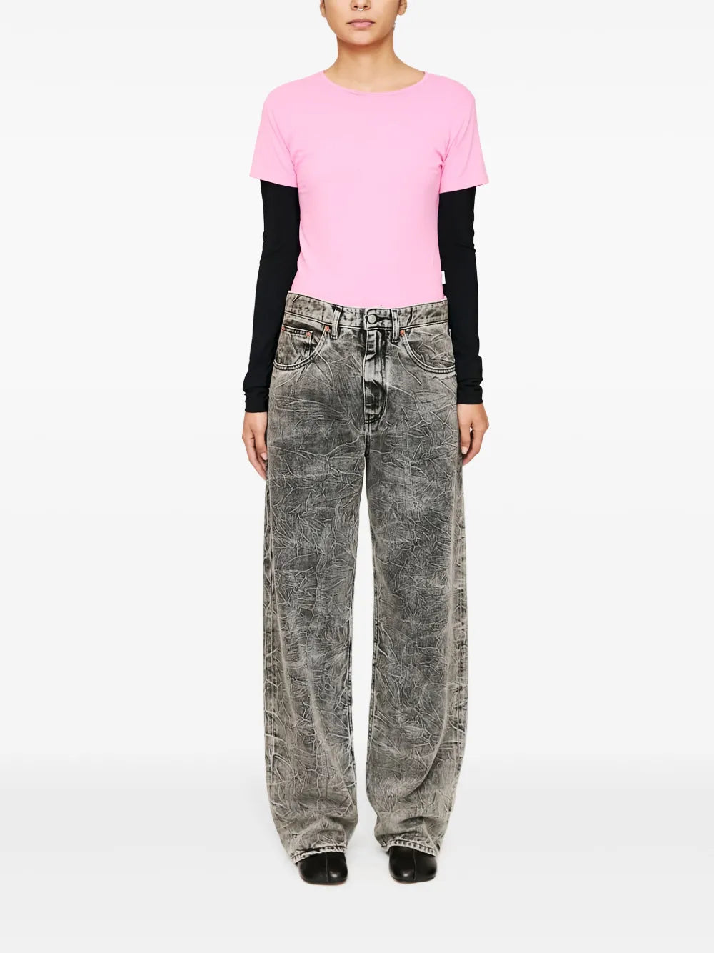 Crinkled-Finish Wide-Leg Jeans