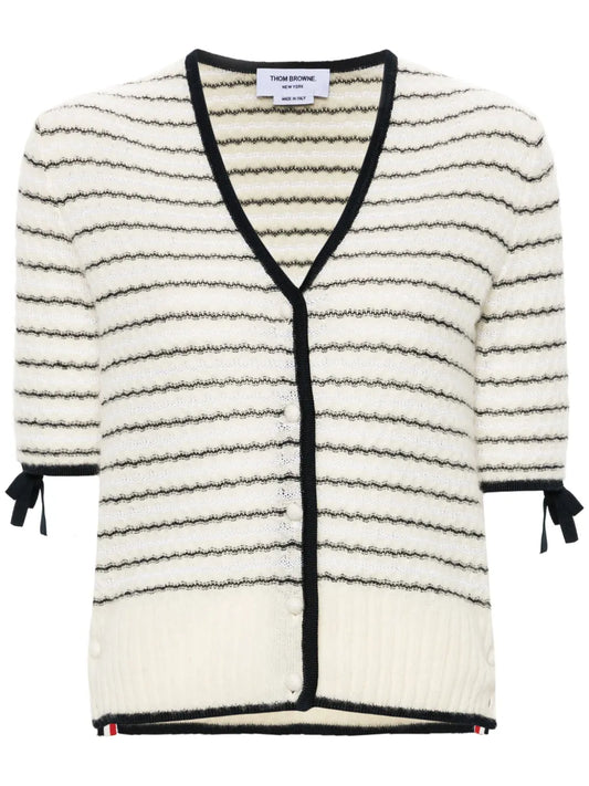 Bow-Detail Striped Cardigan