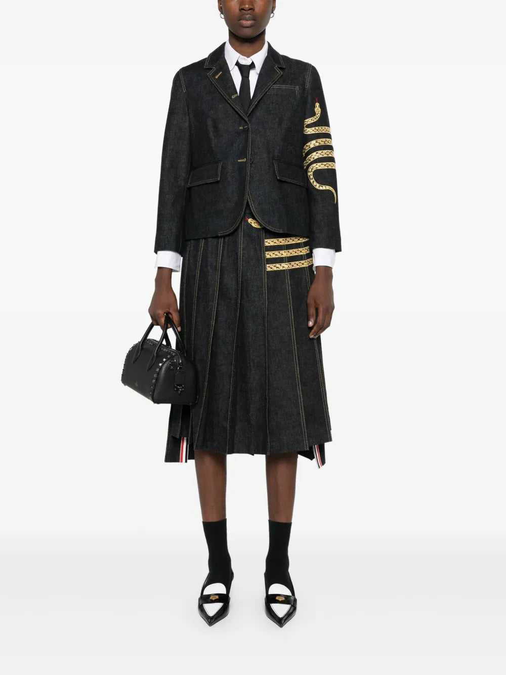 Snake-Embroidered Asymmetric Pleated Skirt