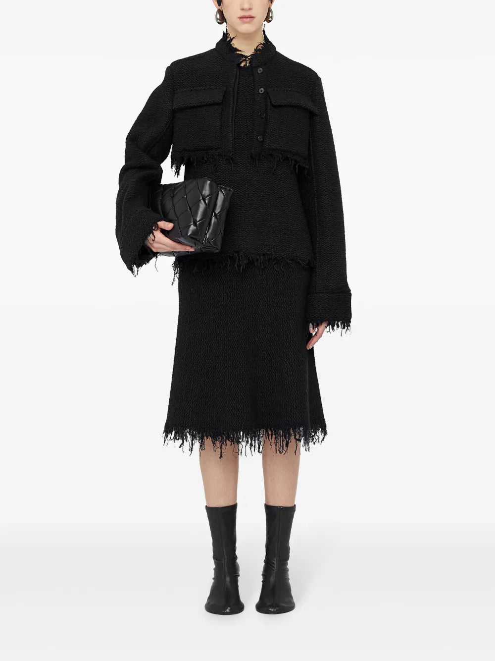 Frayed Detailing Cropped Tweed Jacket