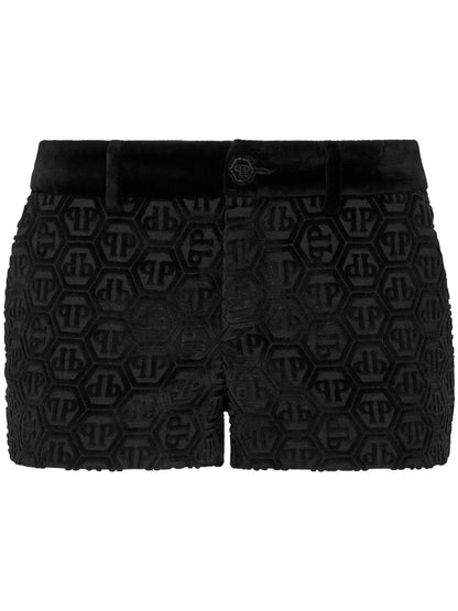 Monogram-Pattern Velvet Mini Shorts