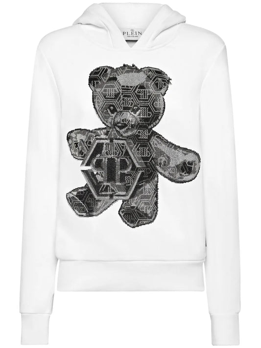 Rhinestone-Embellished Teddy Bear-Motif Hoodie