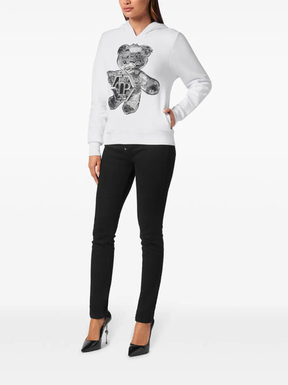 Rhinestone-Embellished Teddy Bear-Motif Hoodie