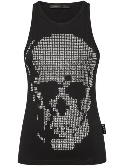 Skull-Embellished Ribbed Tank Top