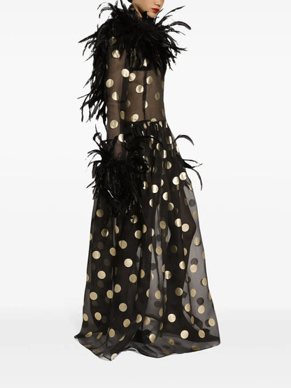 Feather-Trim Polka-Dot Dress