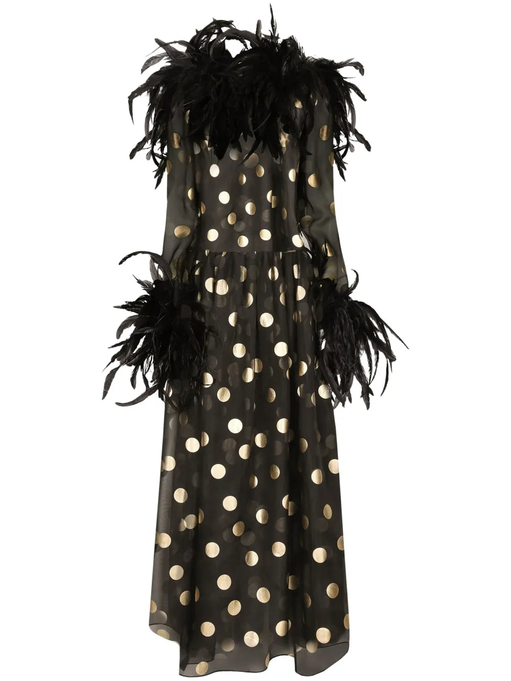 Feather-Trim Polka-Dot Dress