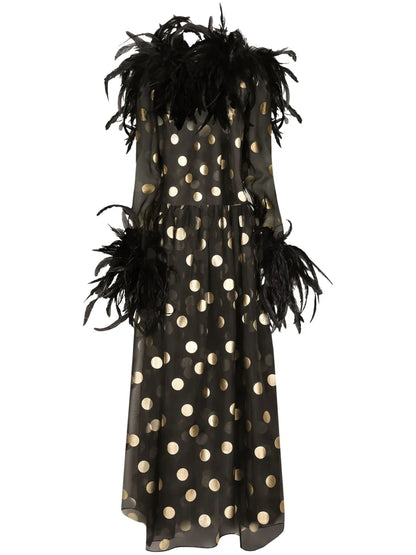 Feather-Trim Polka-Dot Dress