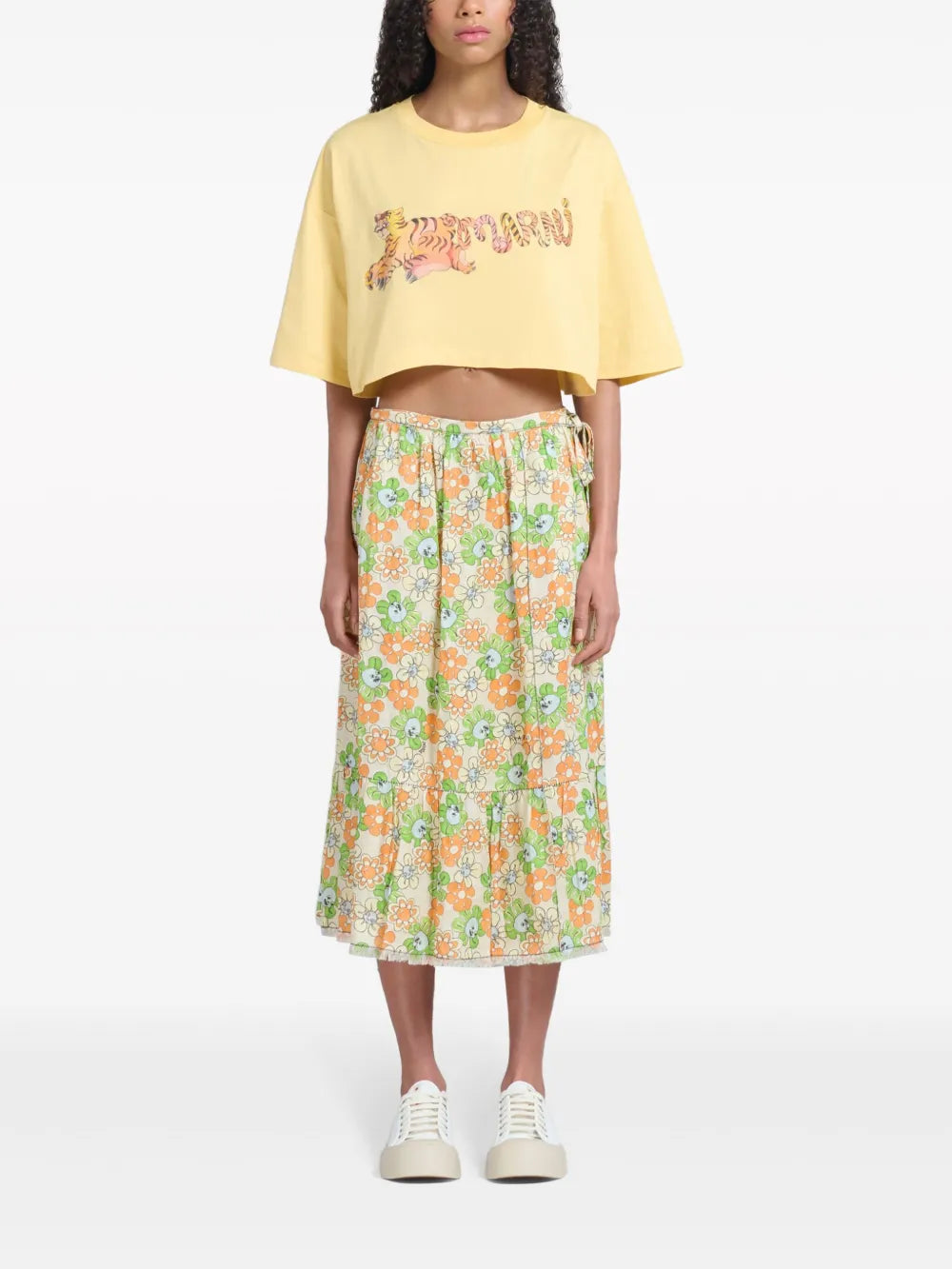 Floral-Print Organic Linen Midi Skirt
