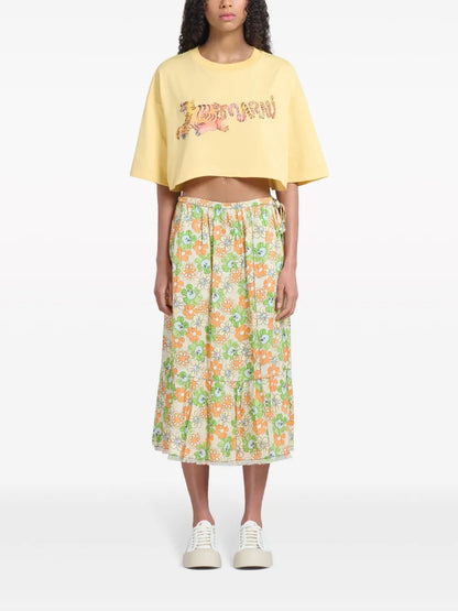 Floral-Print Organic Linen Midi Skirt