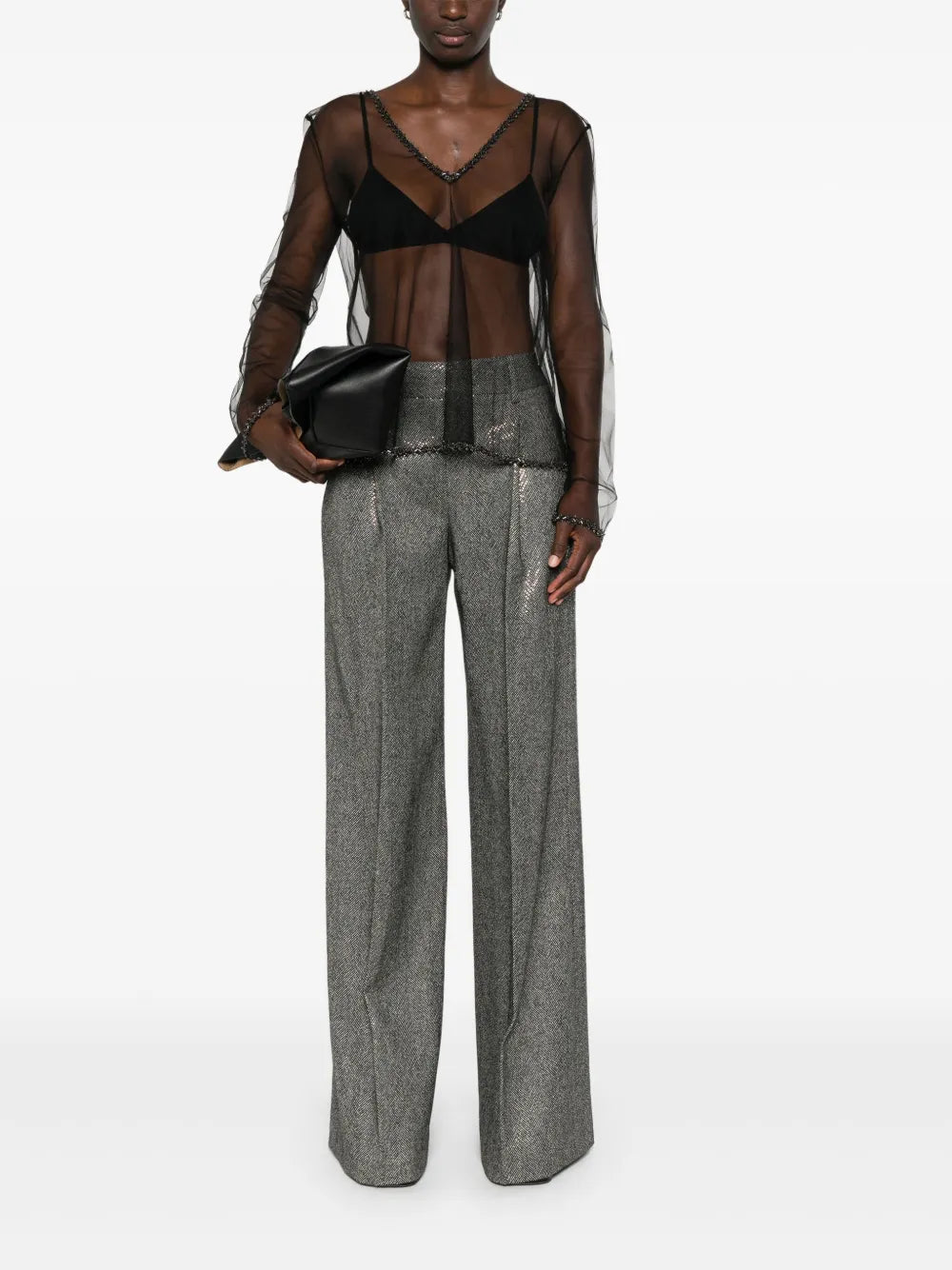 Studded Herringbone Wide-Leg Trousers