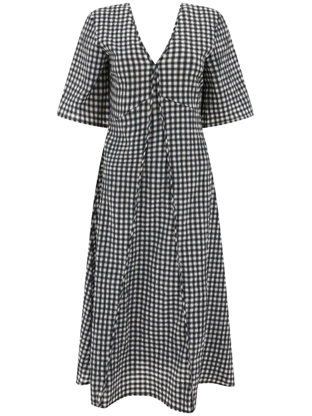 Check-Pattern V-Neck Midi Dress