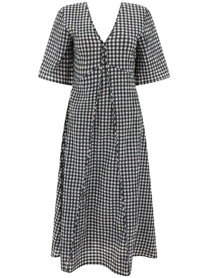 Check-Pattern V-Neck Midi Dress
