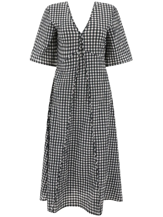 Check-Pattern V-Neck Midi Dress
