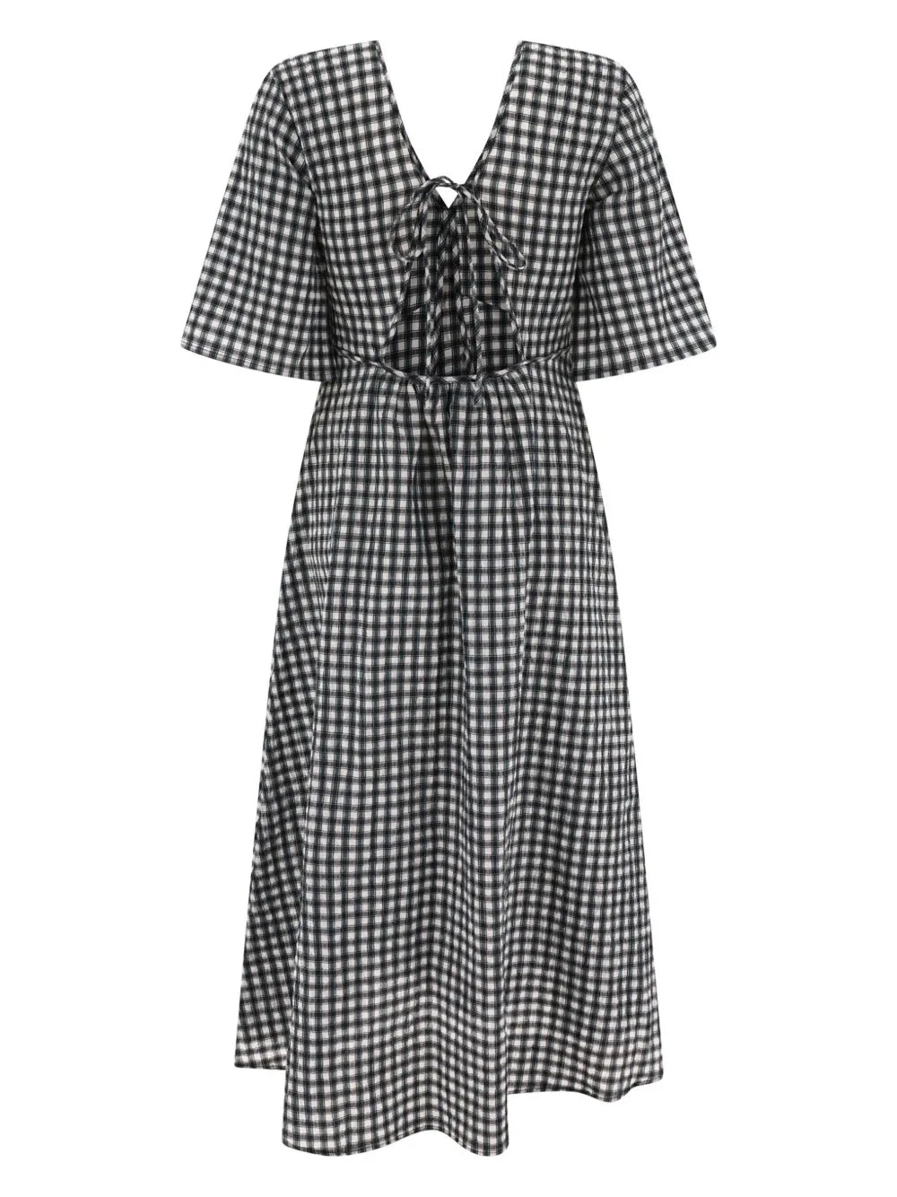 Check-Pattern V-Neck Midi Dress