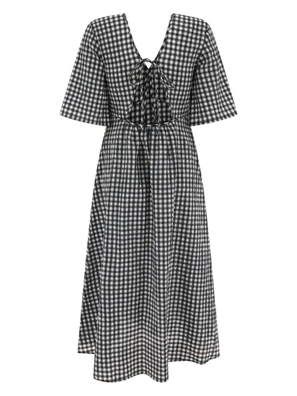 Check-Pattern V-Neck Midi Dress
