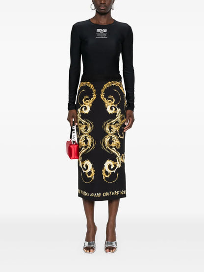 Watercolor Couture-Print Midi Skirt