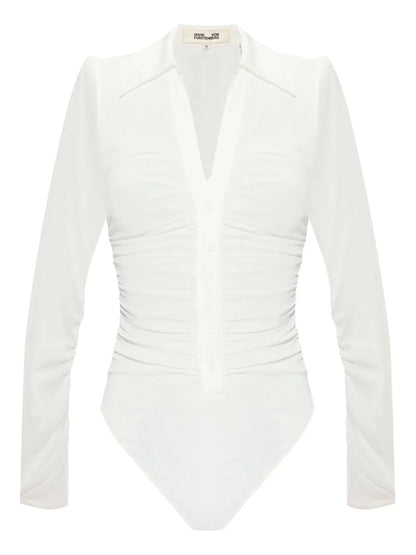Semi-Sheer V-Neck Ruched Bodysuit