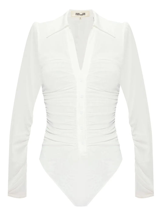 Semi-Sheer V-Neck Ruched Bodysuit