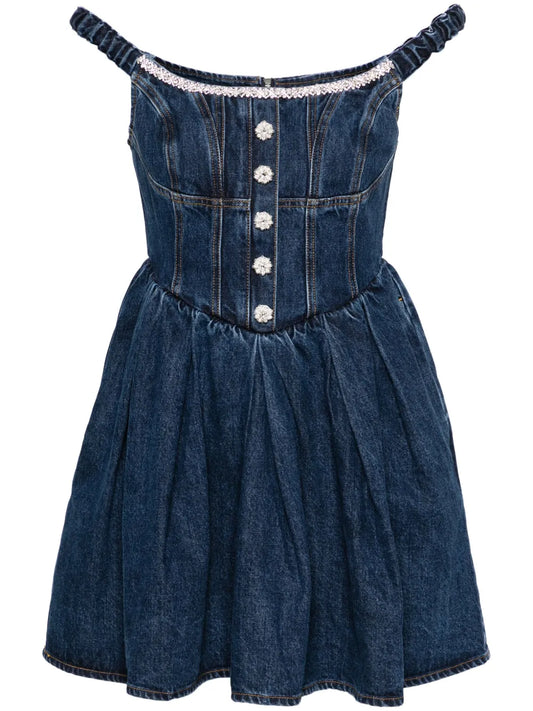 Crystal-Embellished Denim Mini Dress