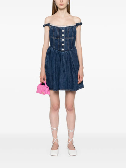 Crystal-Embellished Denim Mini Dress