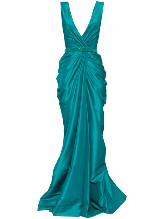 Draped-Detail Belted Taffeta Dress