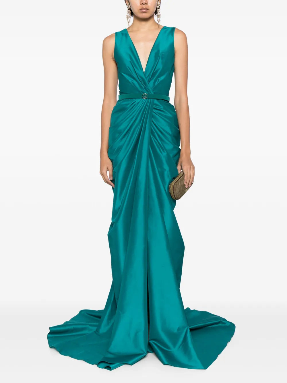 Draped-Detail Belted Taffeta Dress