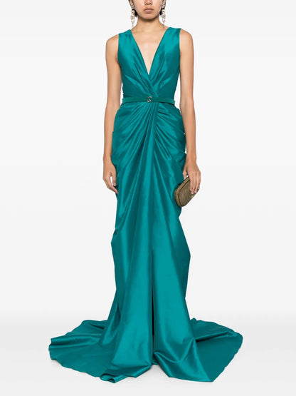 Draped-Detail Belted Taffeta Dress
