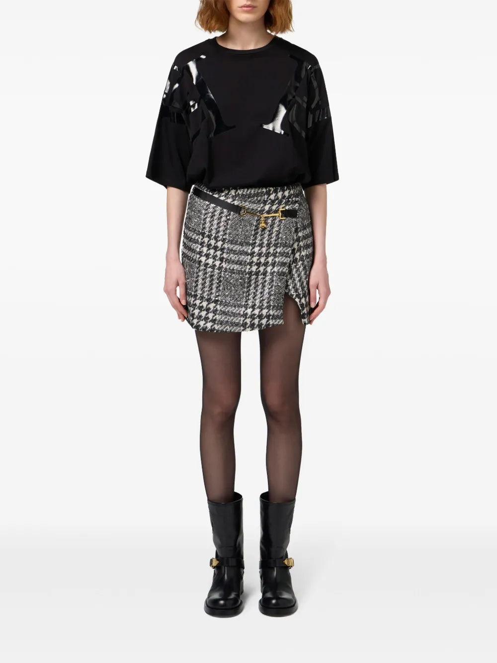 Laminated Tweed Wraparound Skirt