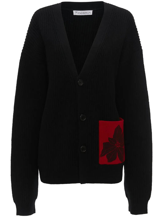 Flocked-Flower Patch-Pocket Cardigan