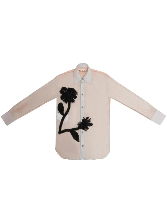 Floral-Tulle-Applique Silk Shirt