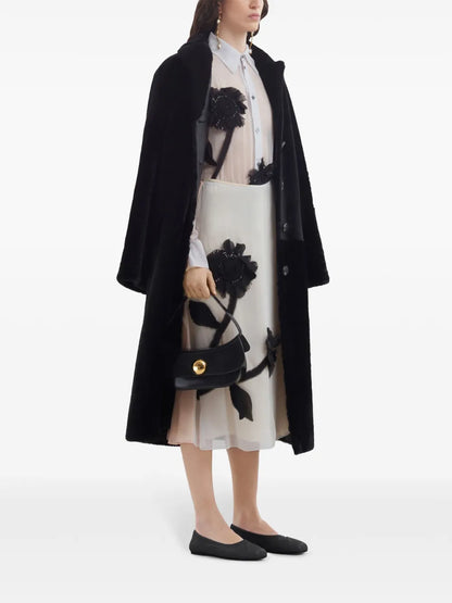 Floral-Appliqué Silk Midi Skirt