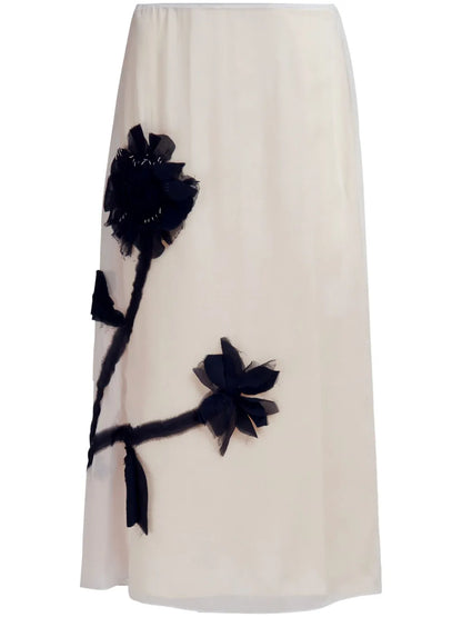 Floral-Appliqué Silk Midi Skirt