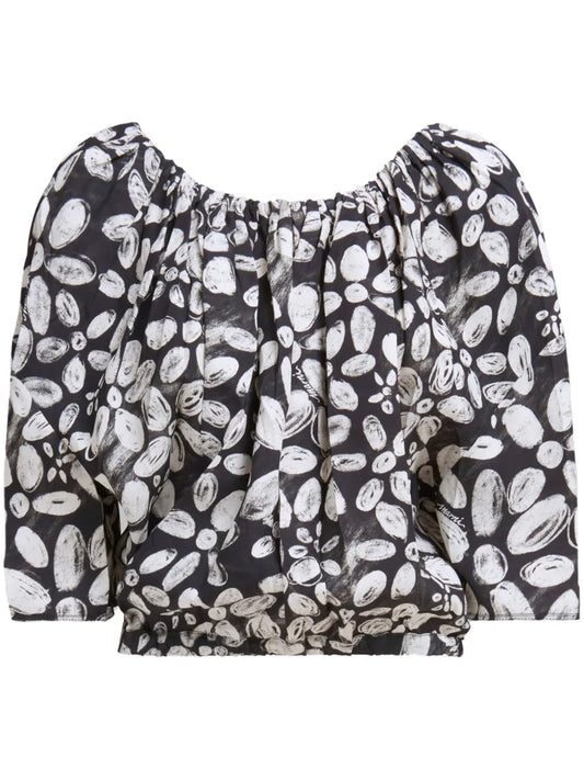 Floral-Print Pleated Cropped Blouse