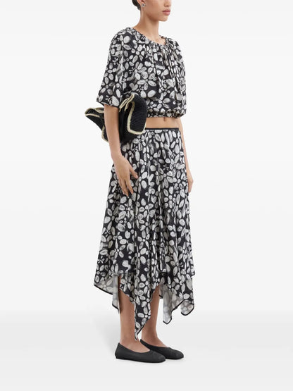 Floral-Print Pleated Cropped Blouse