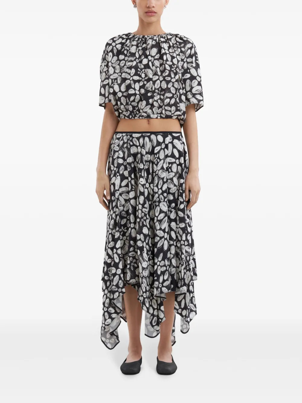 Floral-Print Handkerchief-Hem Midi Skirt