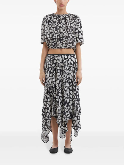 Floral-Print Handkerchief-Hem Midi Skirt