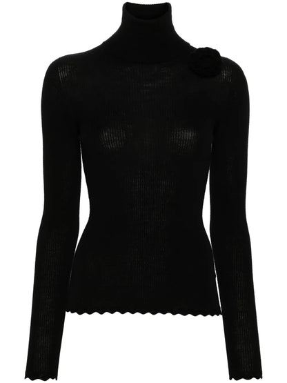 Floral-Brooch Roll-Neck Jumper
