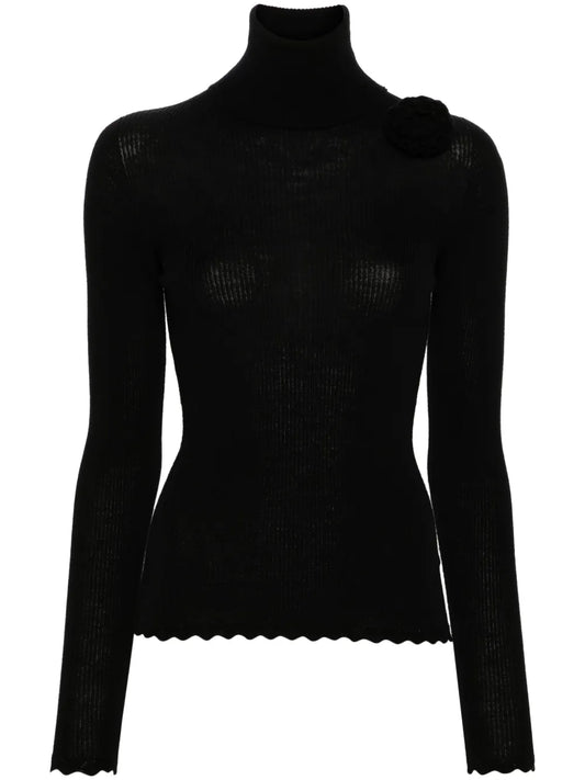 Floral-Brooch Roll-Neck Jumper
