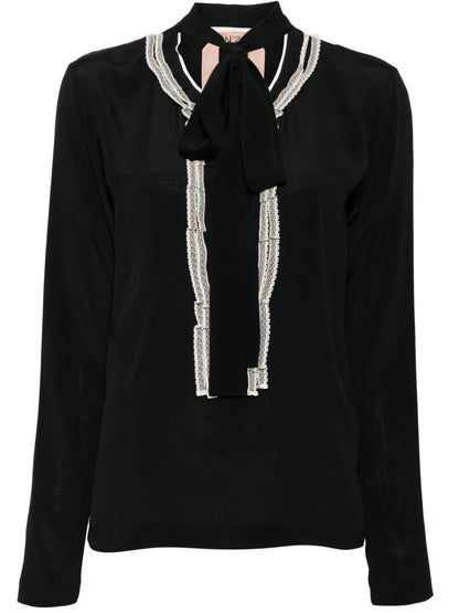 Pussy-Bow Twill Blouse