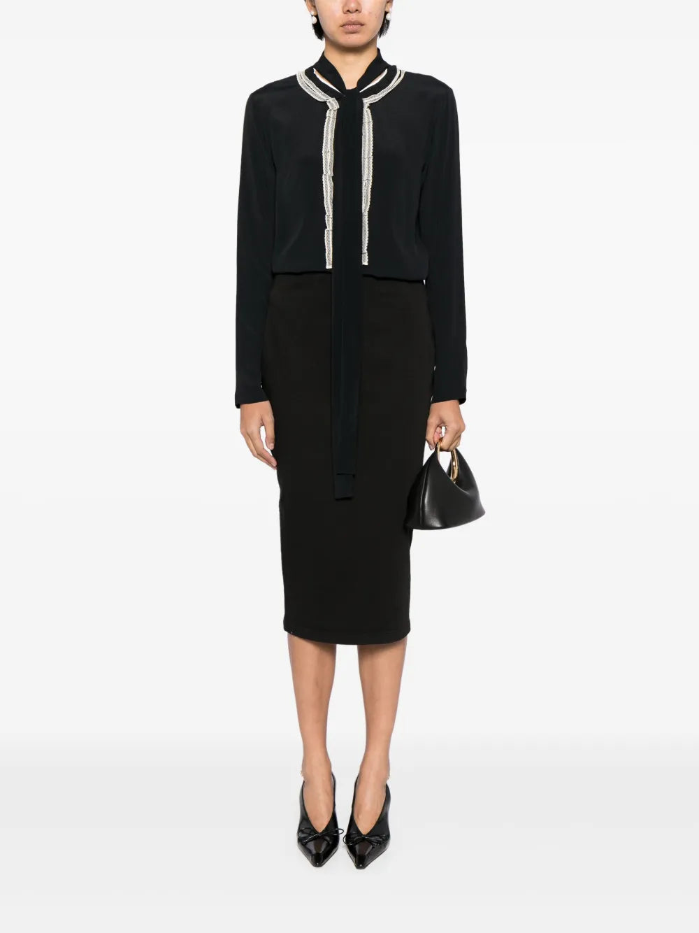 Pussy-Bow Twill Blouse