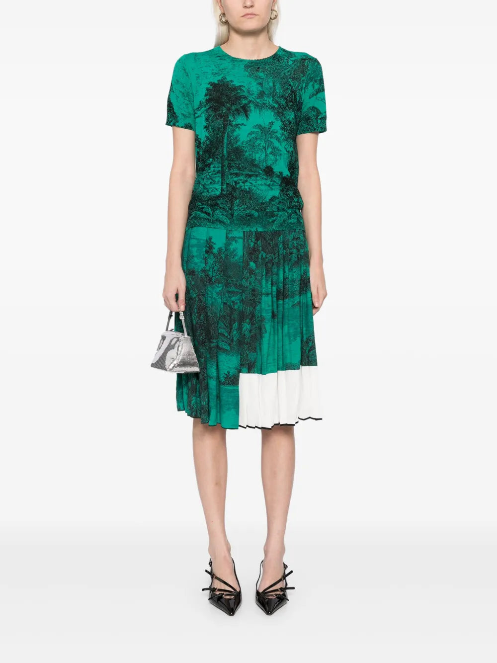 Landscape-Print Pleated Skirt