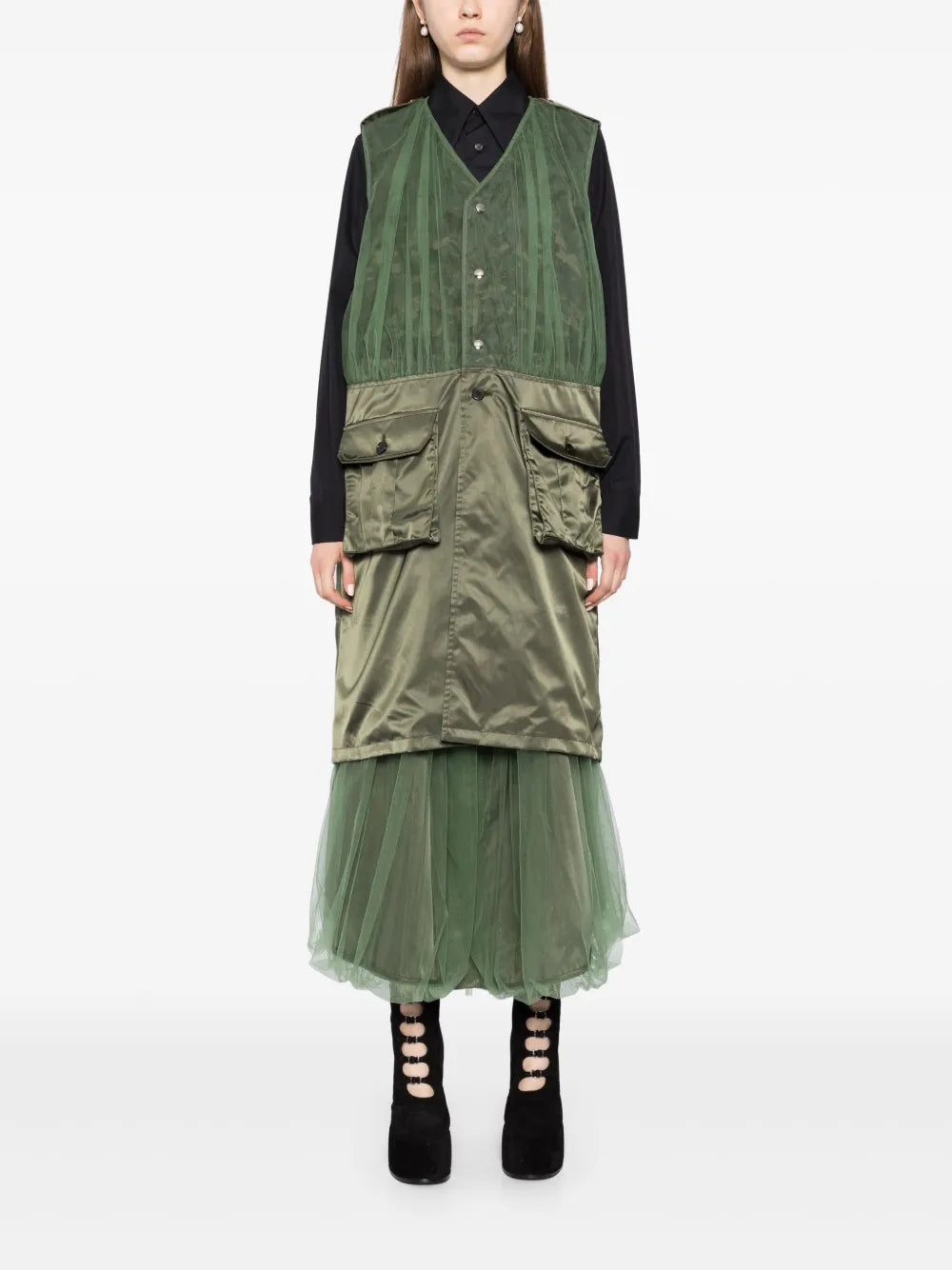Tulle-Panel Sleeveless Coat